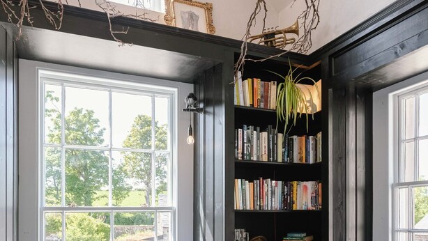 A cozy reading nook with a large window, a bookshelf filled with books, and a decorative plant.