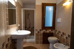 Shower, hair dryer, bidet, towels
