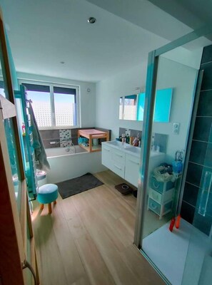 Hair dryer, towels, soap, toilet paper