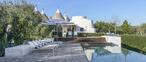 Seasonal outdoor pool, pool umbrellas, pool loungers