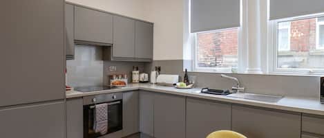 Fridge, dishwasher, electric kettle, toaster