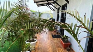 Un pasillo cubierto con plantas en macetas y suelo de madera.
