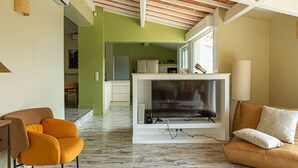 Una televisión, una chimenea, una biblioteca de música, una videoteca