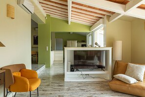 TV, caminetto, biblioteca musicale, videoteca