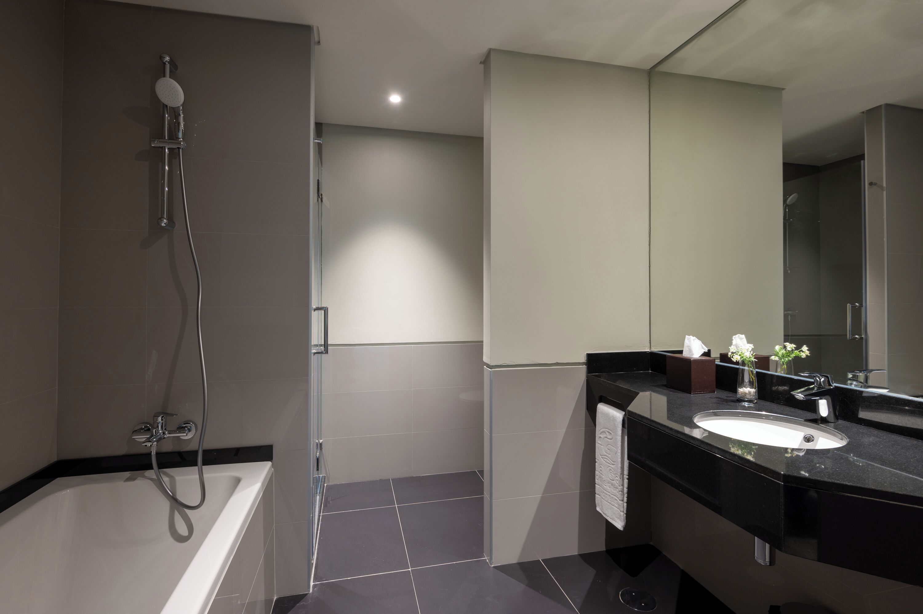 Un bagno moderno con una vasca, una doccia, un lavandino e uno specchio.
