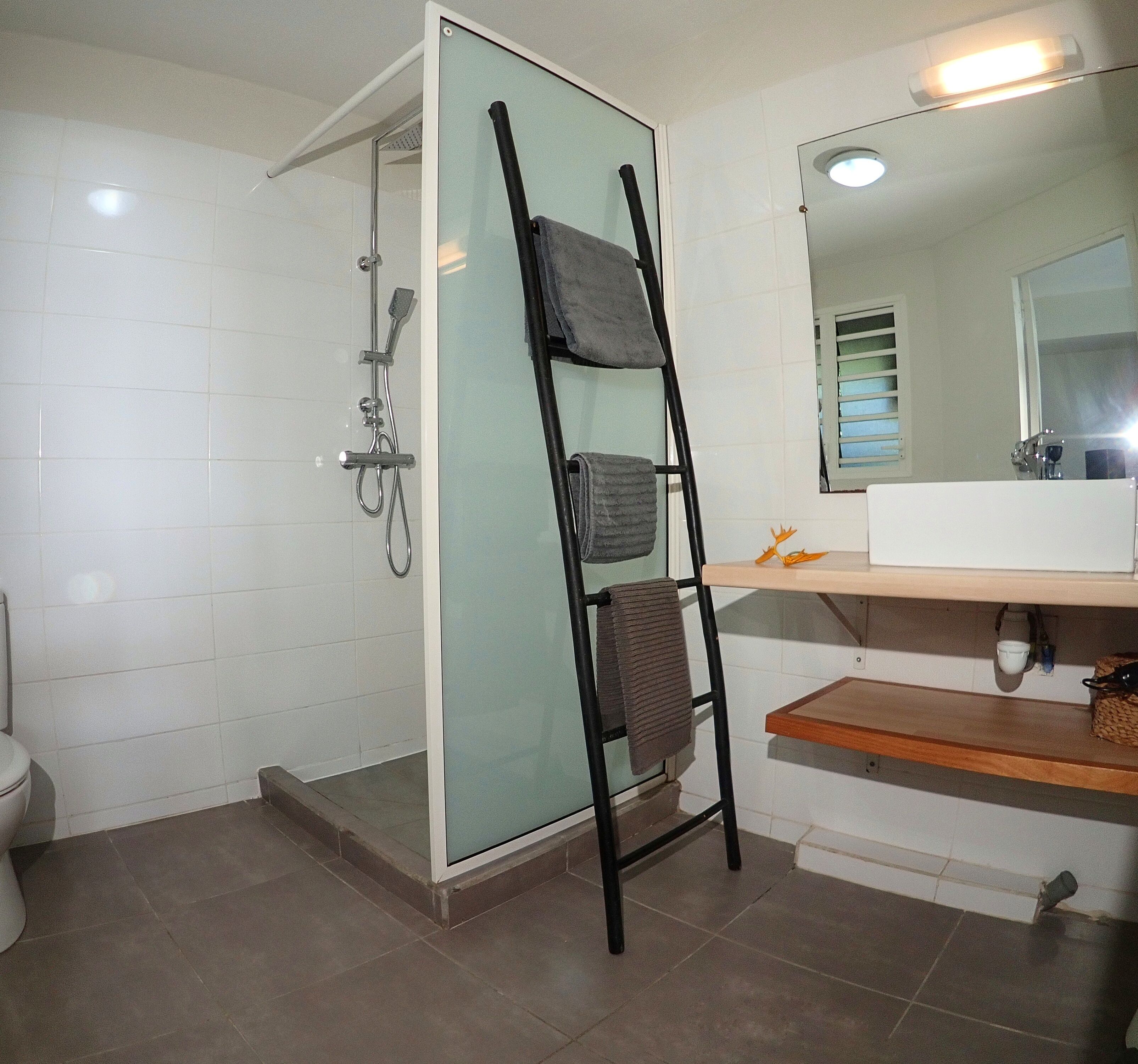 Un baño con cabina de ducha de vidrio, un perchero negro, un lavabo con espejo y un estante de madera.