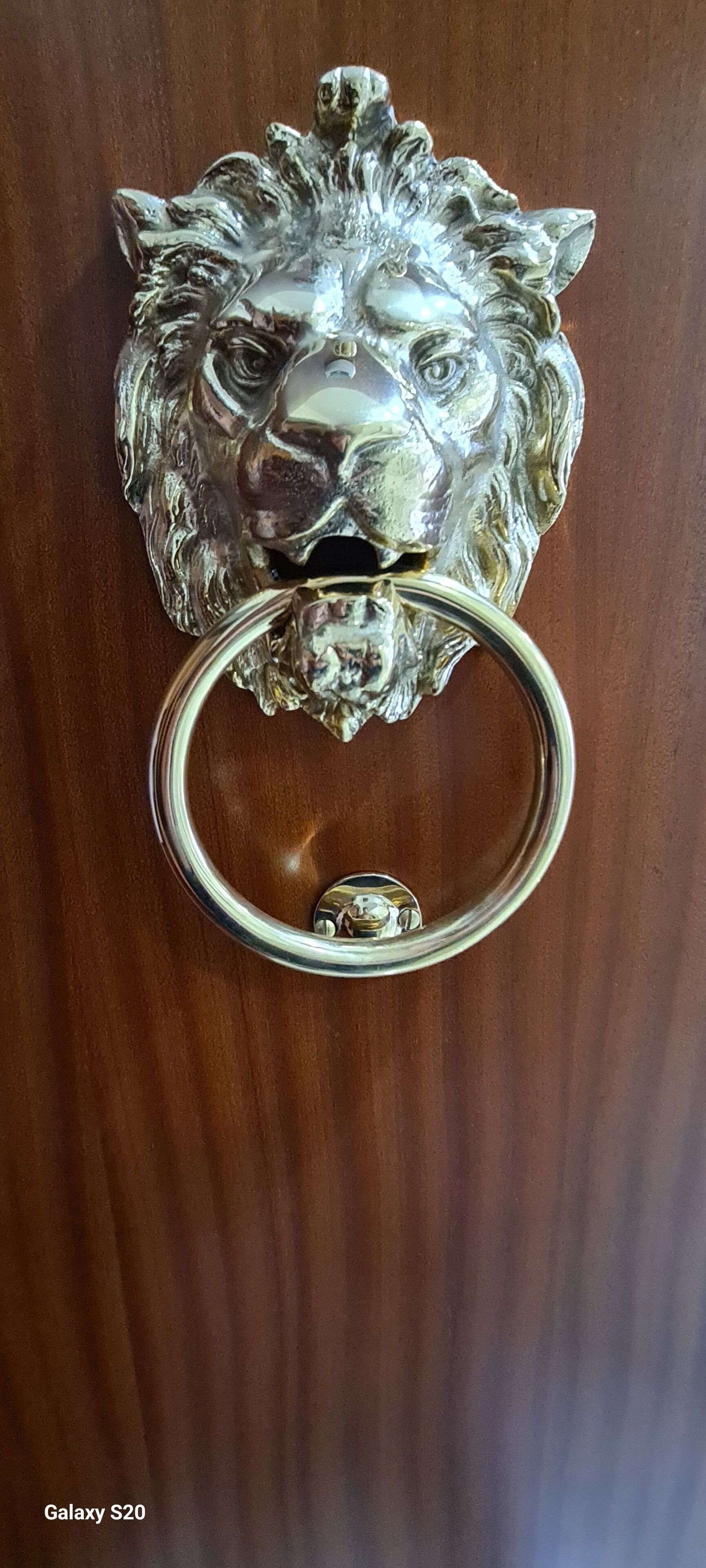 Une poignée de porte en forme de tête de lion, avec un anneau circulaire.