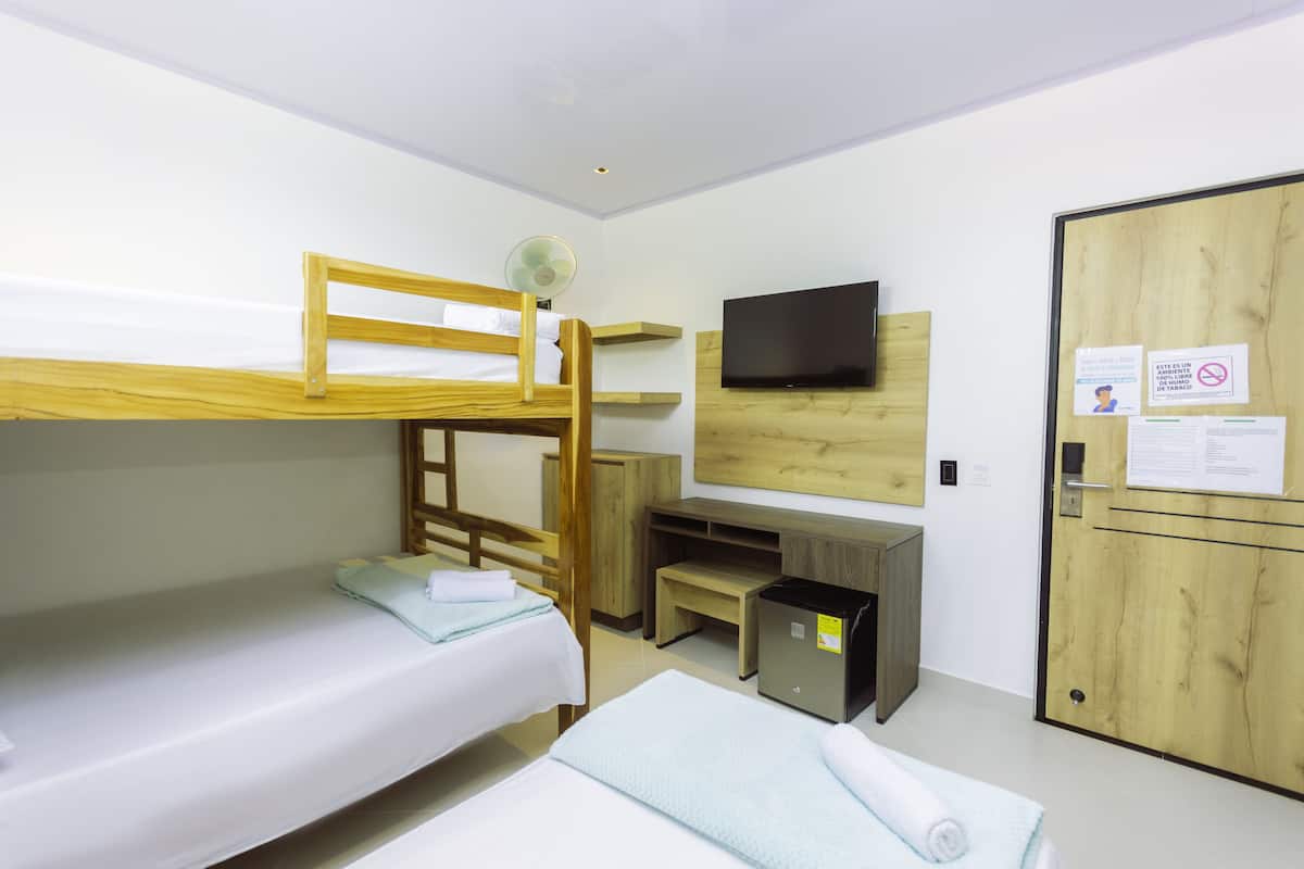 A bunk bed room with a TV, wooden furniture, and a cabinet.