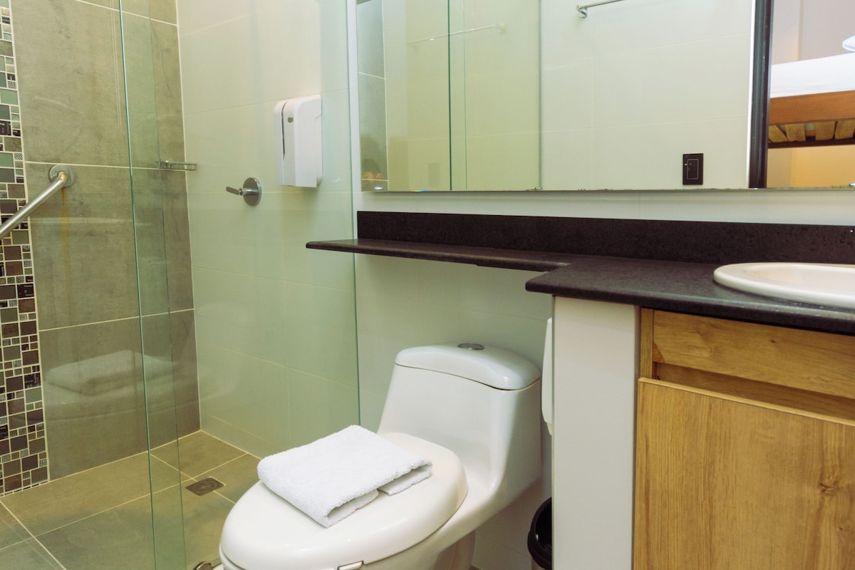 A modern bathroom with a glass shower enclosure, a white toilet, and a wooden vanity.