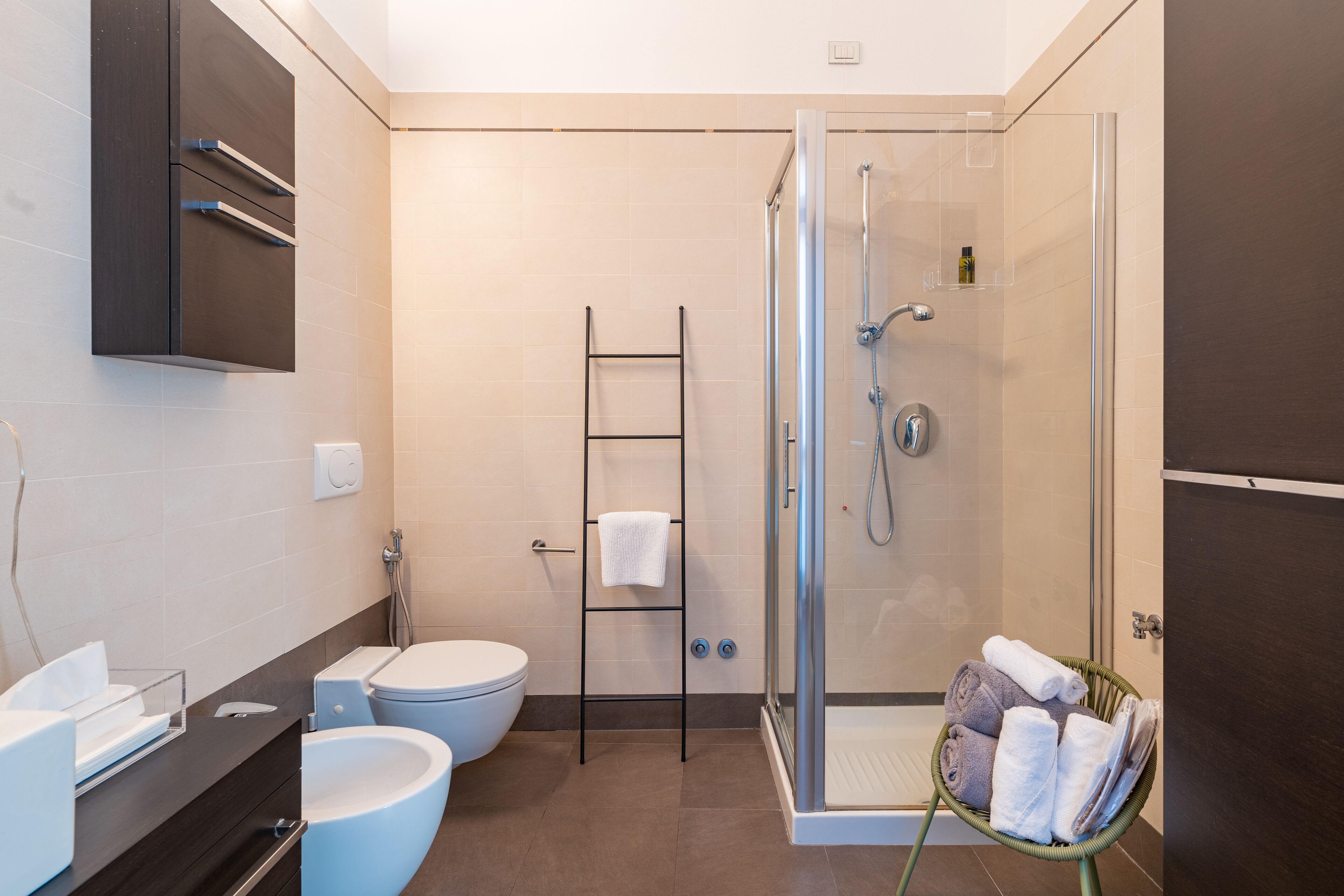 Shower, bidet, towels, toilet paper