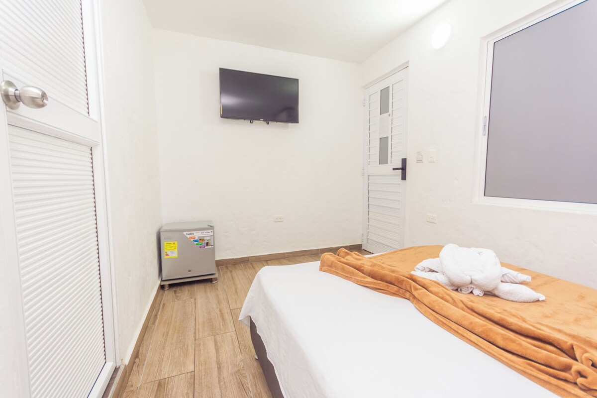 A hotel room with a bed, a television mounted on the wall, a heater, and a window.