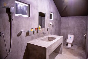 Shower, rainfall showerhead, bidet, towels