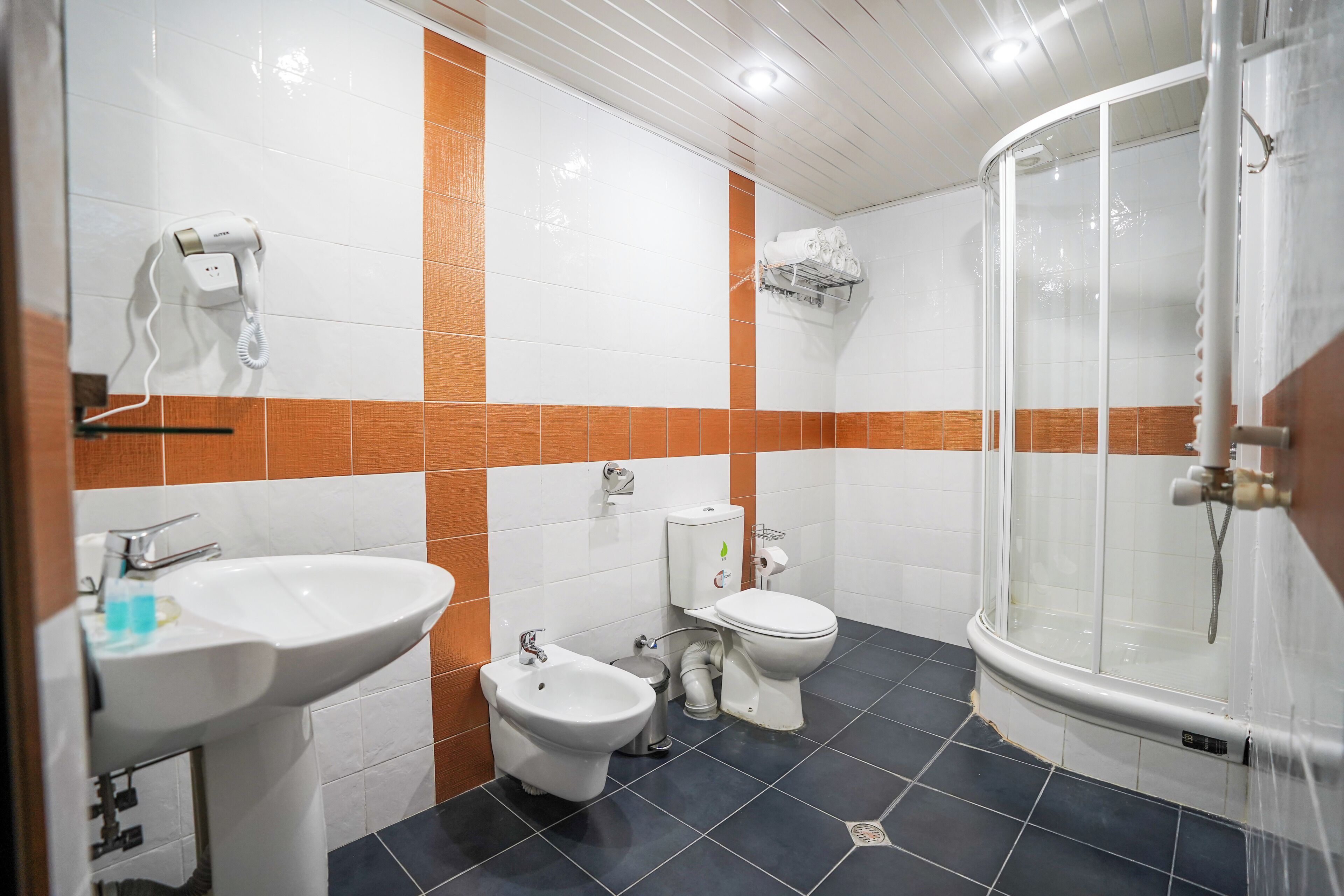 A bathroom with a sink, bidet, toilet, and a glass-enclosed shower.