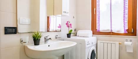 Shower, hair dryer, bidet, towels