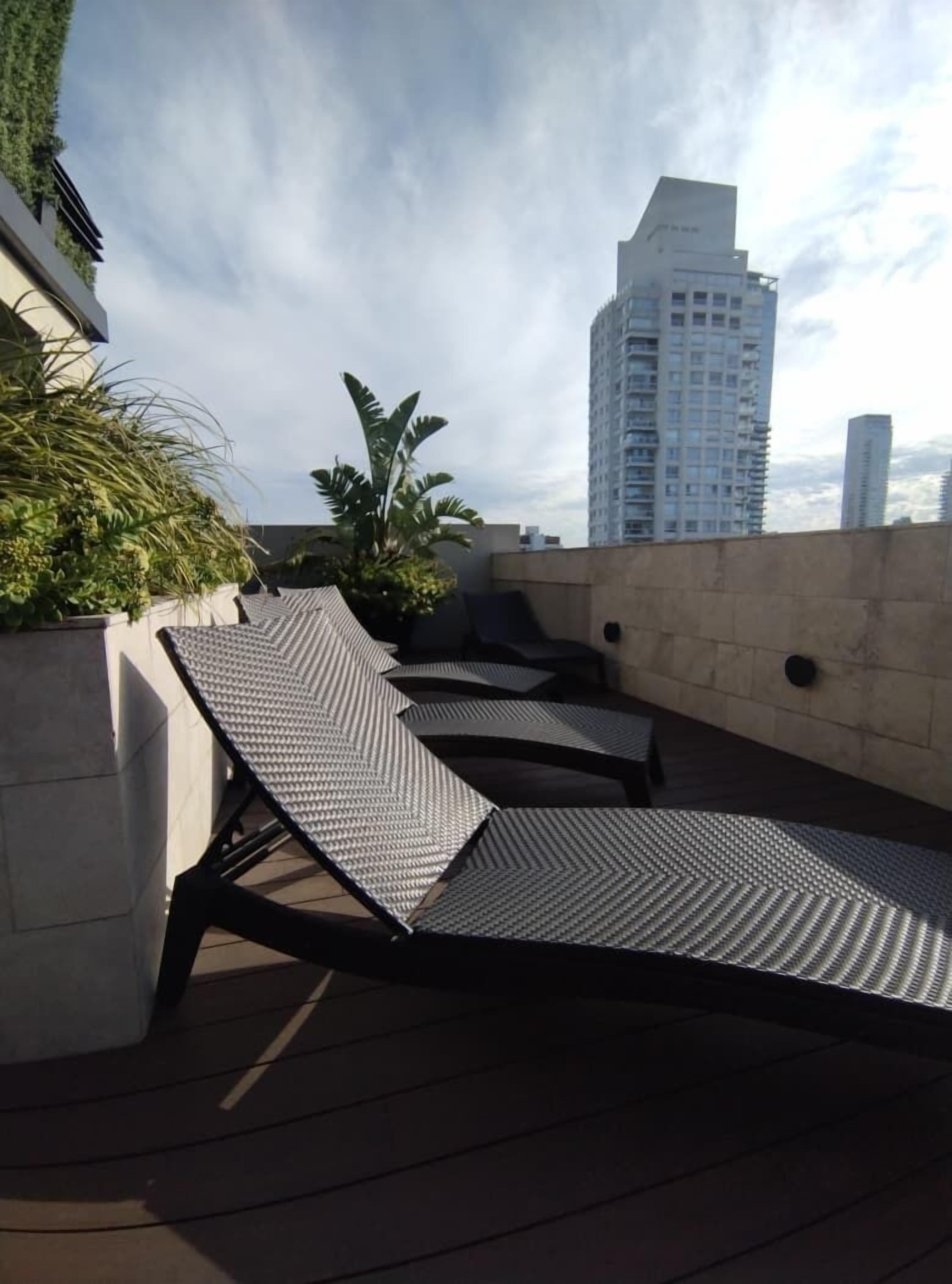 Terraza en la azotea con sillones de descanso y una planta en maceta.