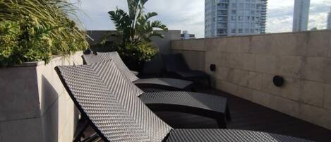 A rooftop terrace with lounge chairs and a potted plant.
