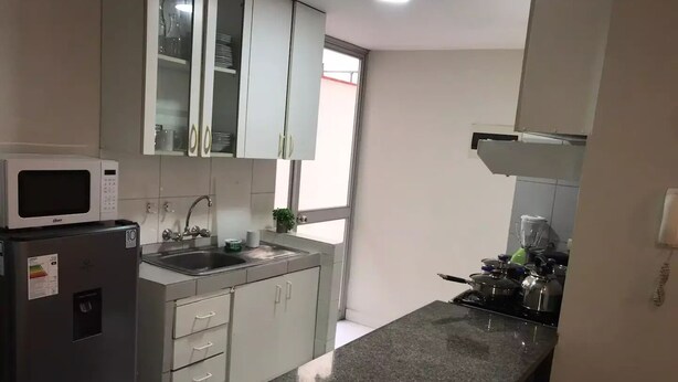 Une cuisine compacte équipée d’un four à micro-ondes, d’un évier et d’un plan de travail en granit.