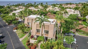 Un barrio residencial con casas modernas, palmeras y una calle.