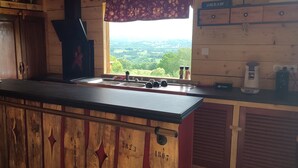 Une cuisine avec un comptoir en bois, un évier et une fenêtre donnant sur un paysage verdoyant.