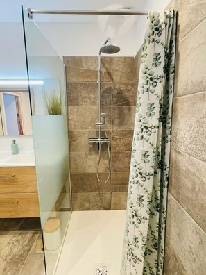 Shower, hair dryer, towels