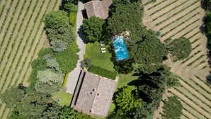 Vista aérea de una propiedad con piscina, rodeada de exuberante vegetación y filas de viñedos.