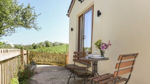 Une terrasse extérieure avec deux chaises en bois, une petite table ronde et un pot de fleurs.