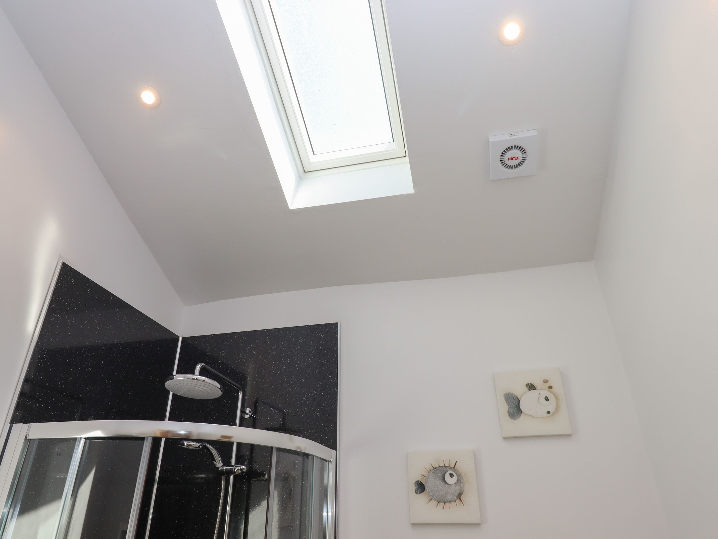 A modern bathroom with a skylight, a shower, and two wall-mounted light switches.
