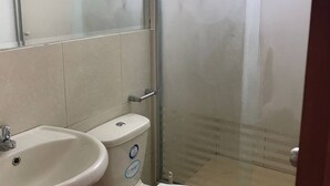 A bathroom with a sink, toilet, and glass shower enclosure.