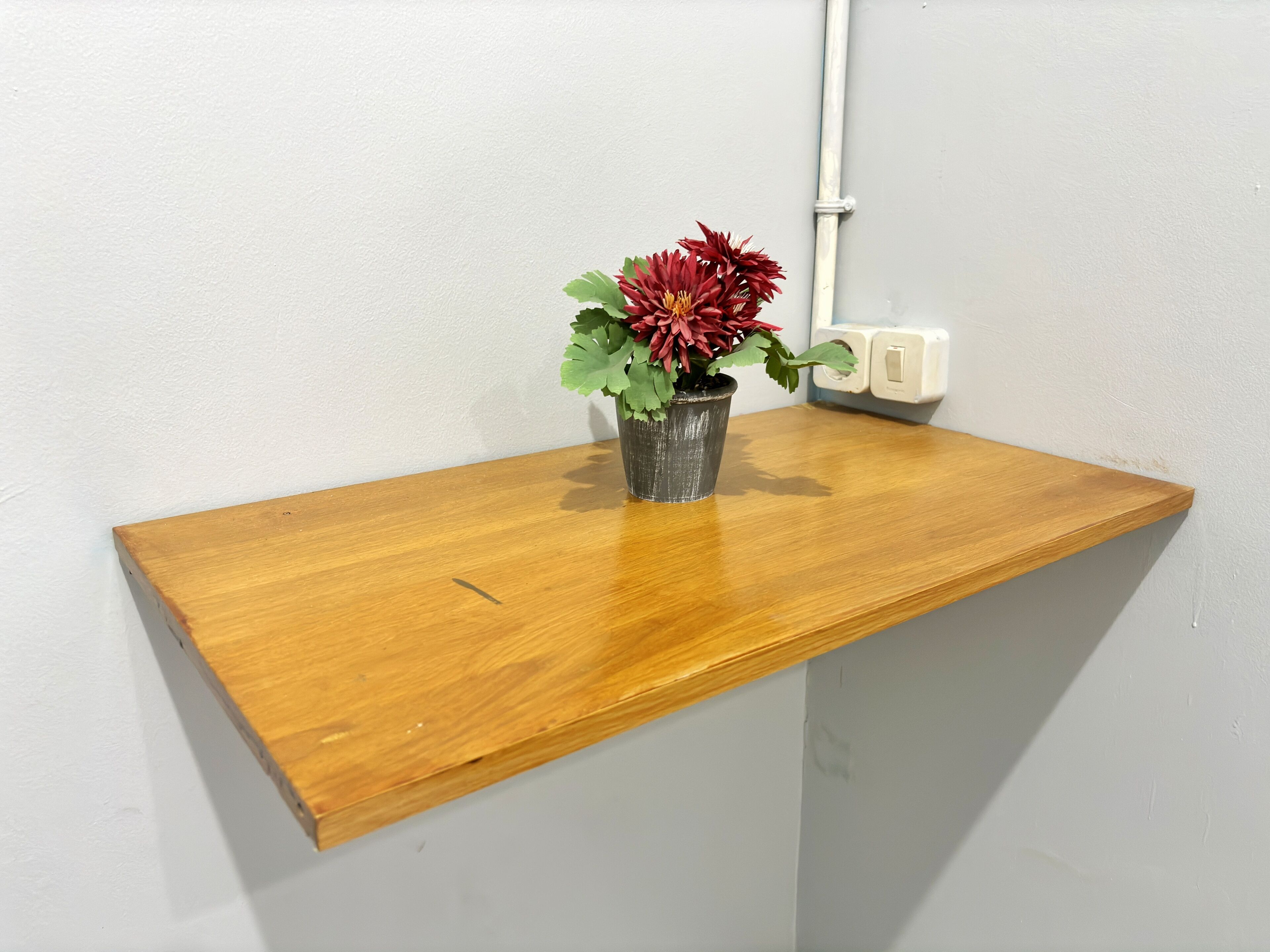 Une étagère en bois avec une plante en pot.