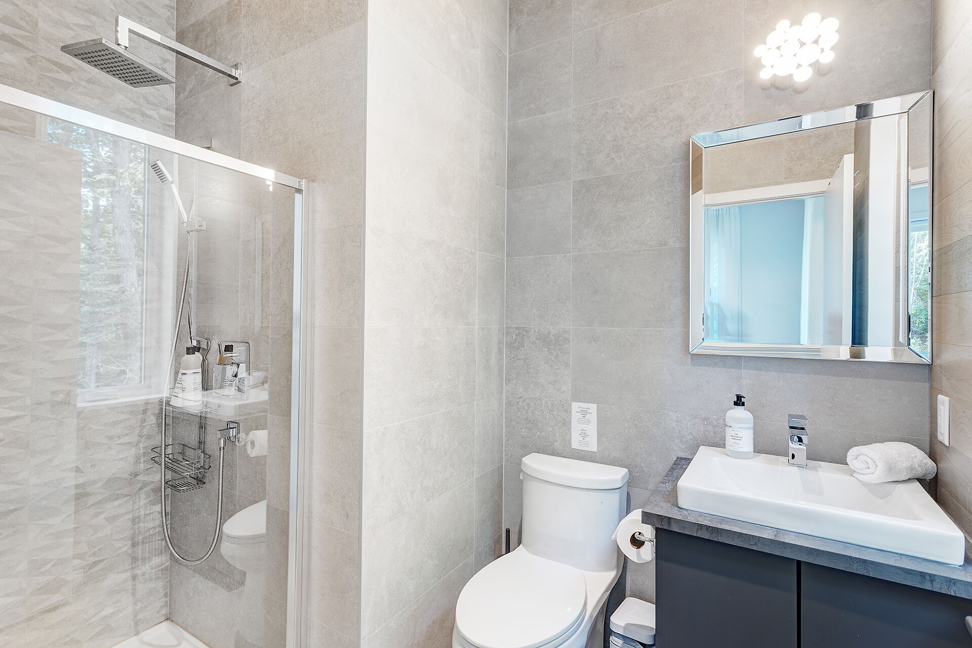 Un baño moderno con ducha envuelta en vidrio, un inodoro blanco y un lavabo con espejo superior.