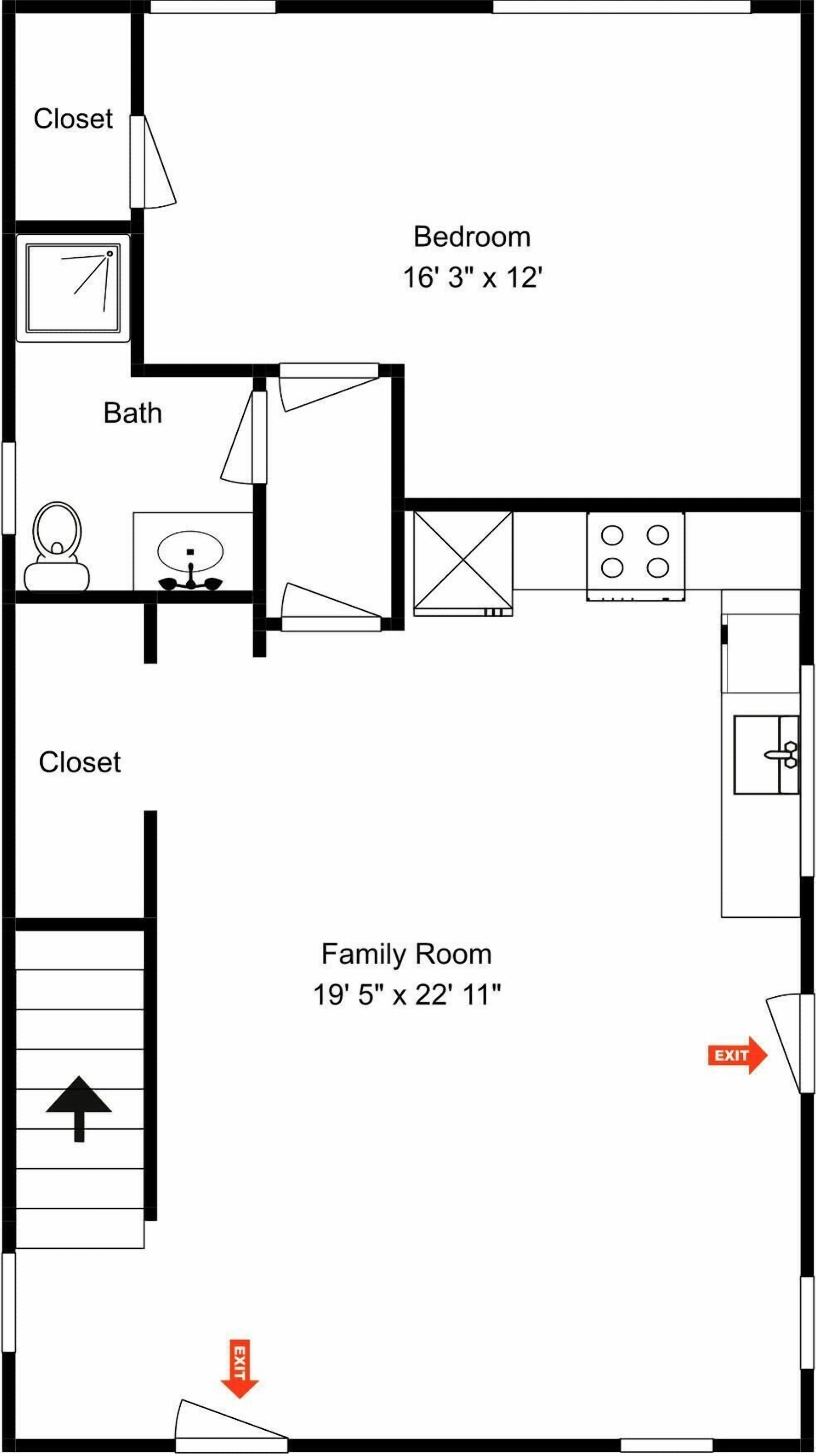 Een plattegrond met een slaapkamer, badkamer, inloopkast en gezinskamer.