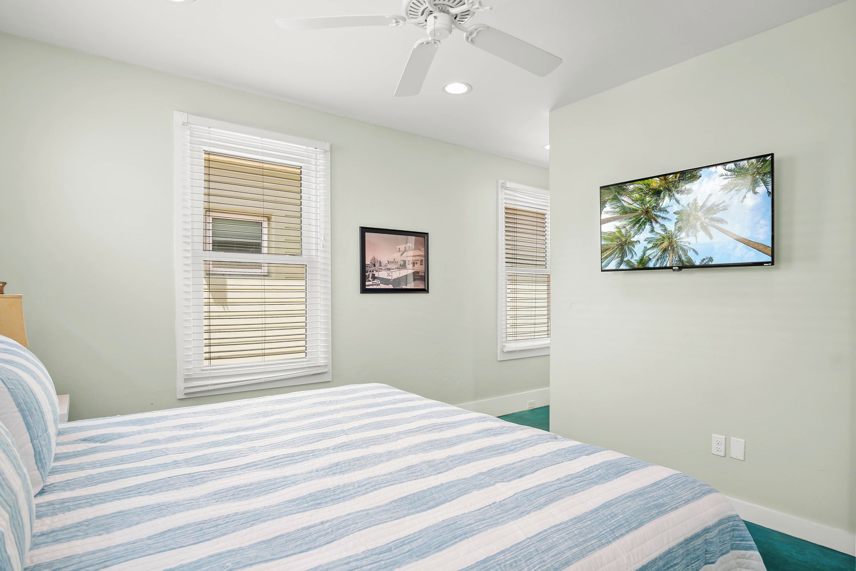 A bedroom with a bed, a ceiling fan, a TV, and two windows with blinds.