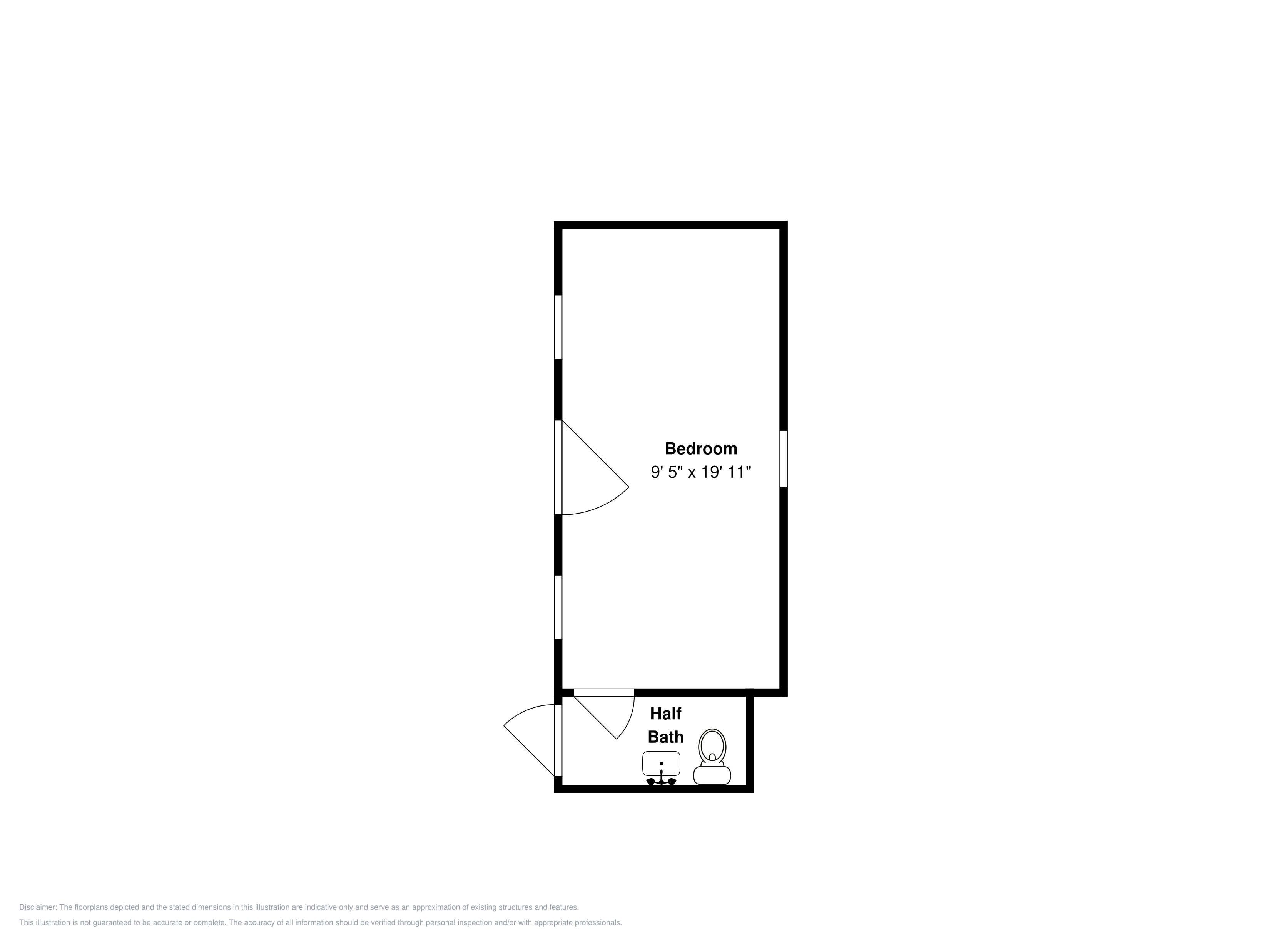 A bedroom measuring 9'5' x 19'11' with a half bath.