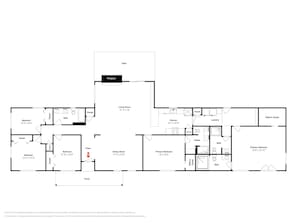 A floor plan of a house with a patio, living room, dining room, kitchen, and multiple bedrooms. - Reel Blessing by Miss Kitty’s (Rockport)