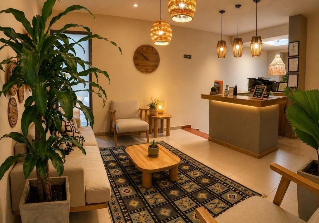 A modern living room with a sofa, a coffee table, a chair, a reception desk, and hanging pendant lights.