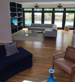 Smart TV, fireplace, books, music library