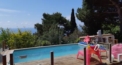 Top of villa, terraces, swimming pool at Mont St Clair, pétanque court with sea view