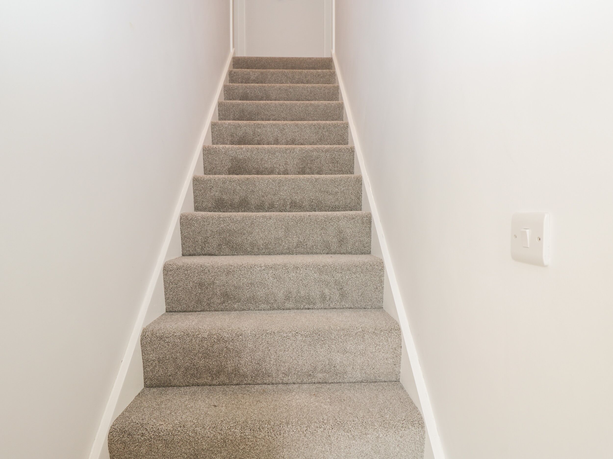 A staircase with carpeted steps leading up to a landing.