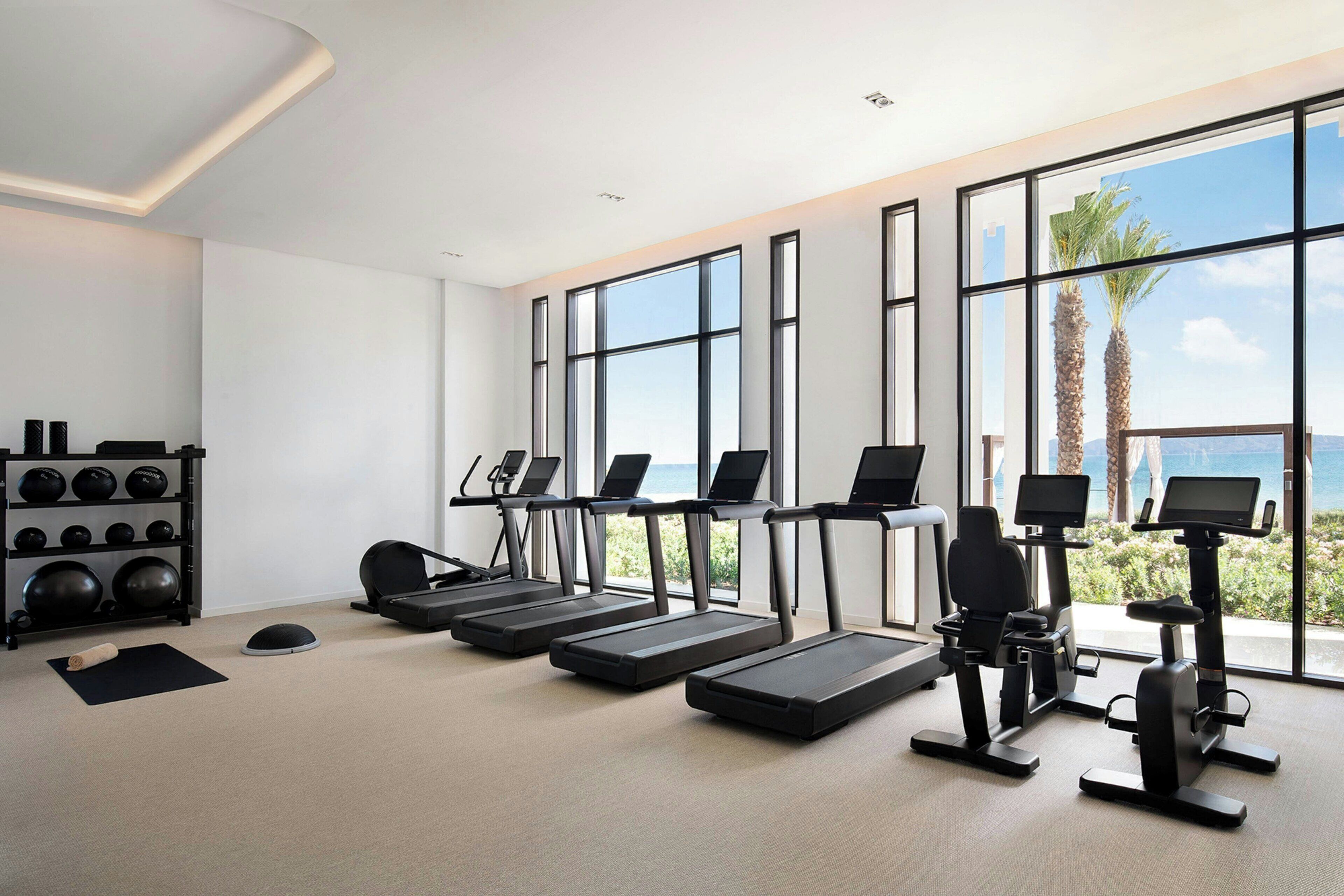 A modern gym with treadmills, stationary bikes, and a weight rack. Large windows offer a view of palm trees and the ocean.
