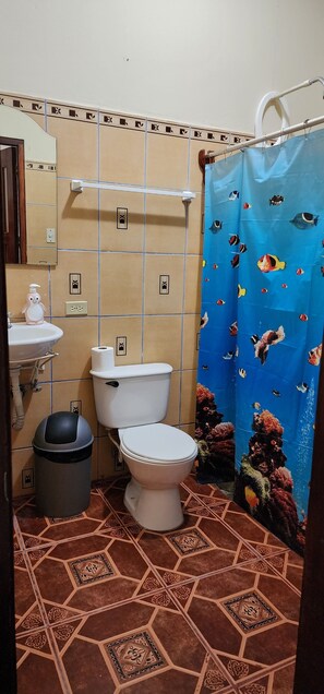 Ein Badezimmer mit Toilette, Waschbecken und Duschvorhang.