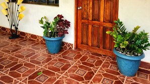 A room with a tiled floor, a wooden door, a window with a view of palm trees, and two potted plants.