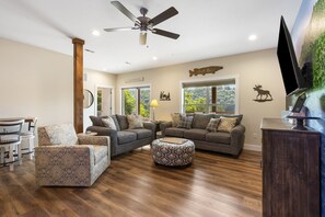 Smart TV, fireplace, video games, DVD player