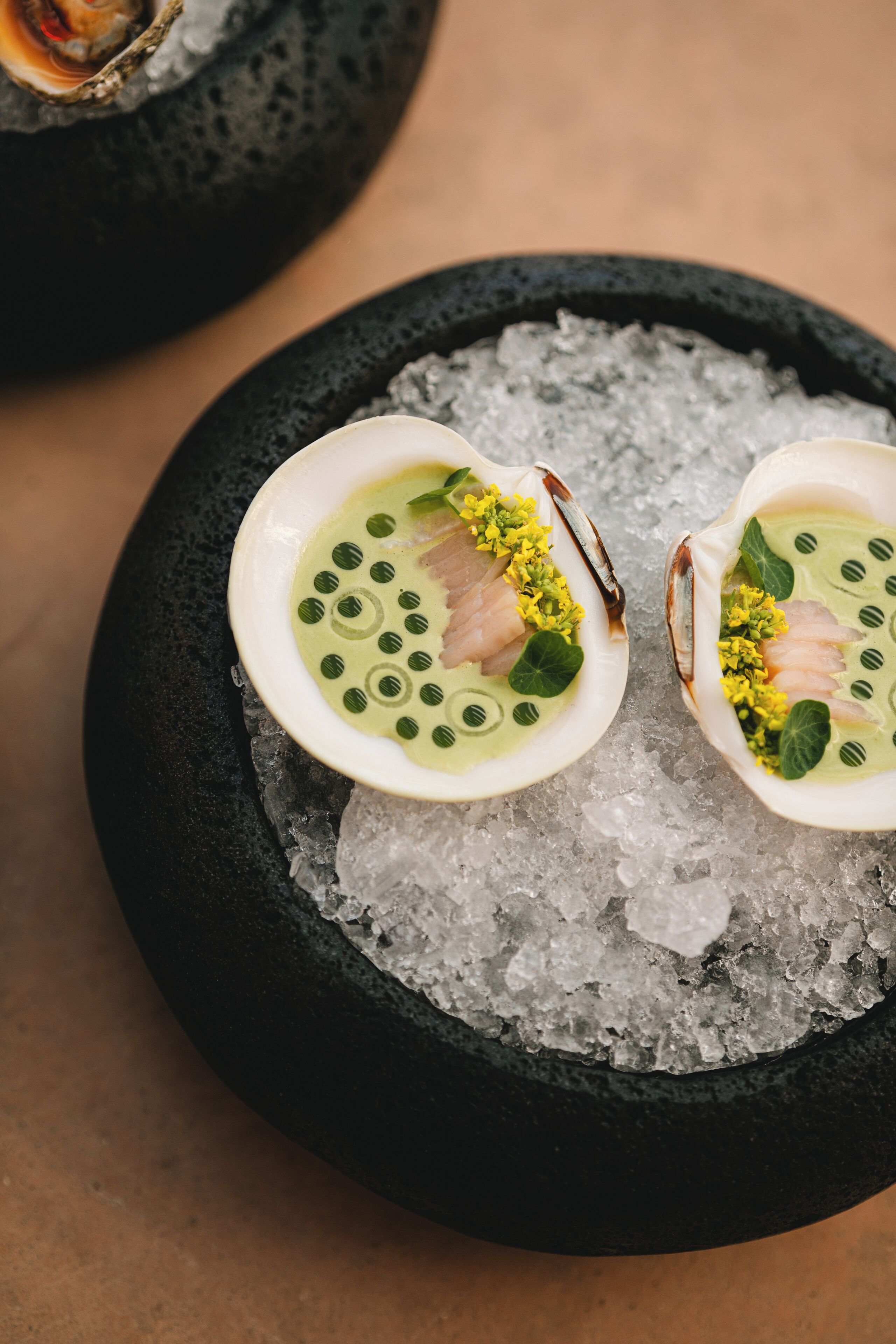Two dishes with seafood on a bed of ice in a black bowl.