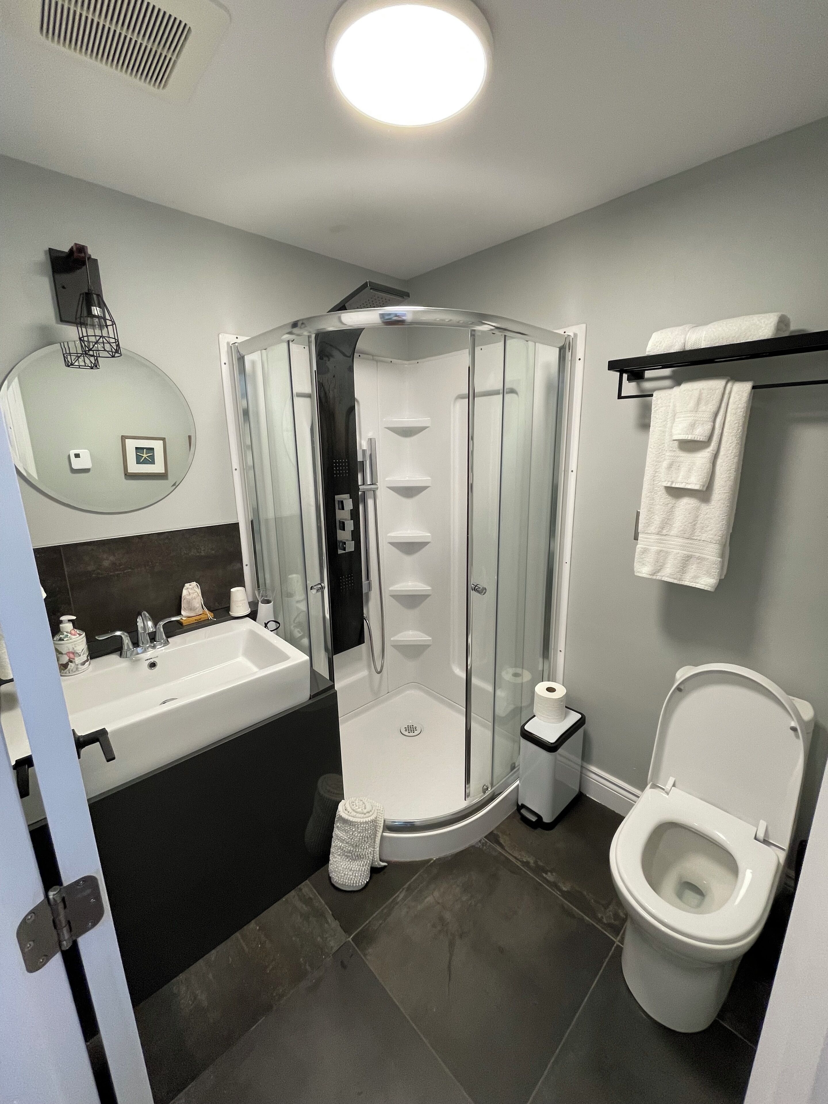 A modern bathroom with a glass-enclosed shower, a white sink, and a toilet.