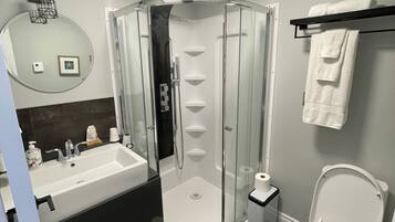 A modern bathroom with a glass-enclosed shower, a white sink, and a toilet.