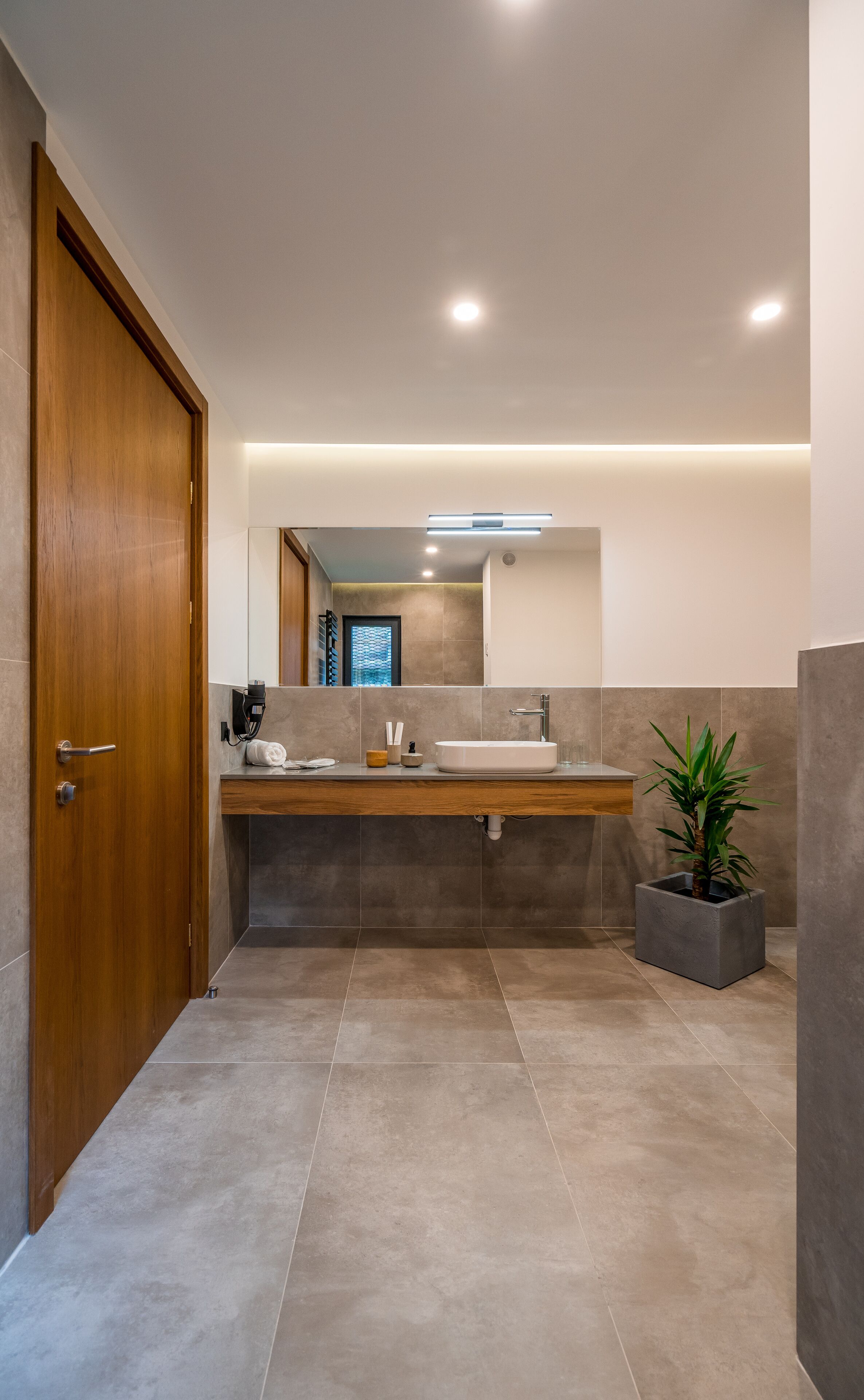Un bagno moderno con una porta in legno, uno specchio grande, un lavandino e una pianta in vaso.