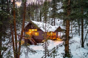 Une cabane aux murs en bois, entourée de neige et d’arbres, avec un escalier menant à l’entrée.