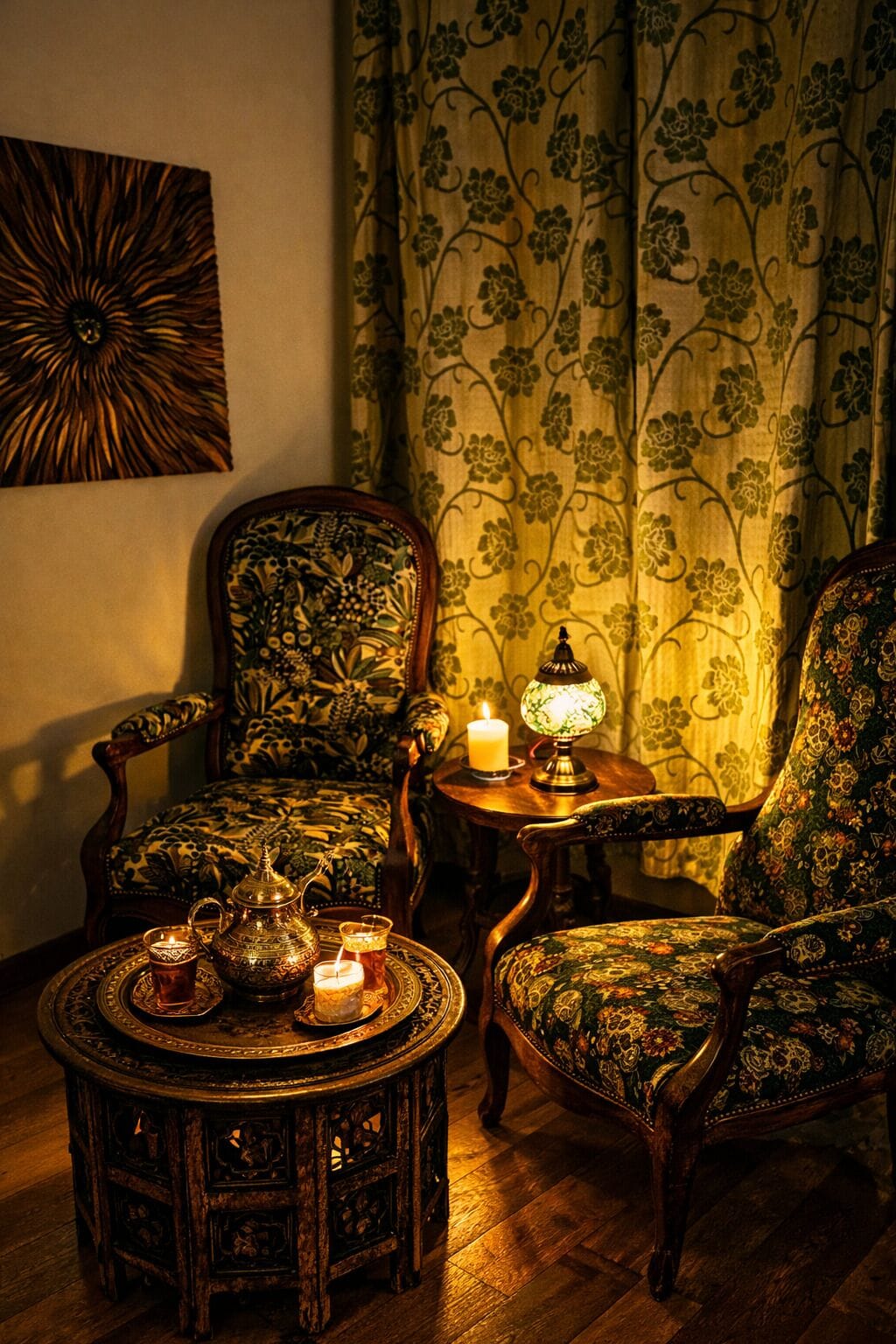 Una habitación con dos sillas ornamentadas, una mesita redonda con una tetera y una vela, y una lámpara fijada a la pared.