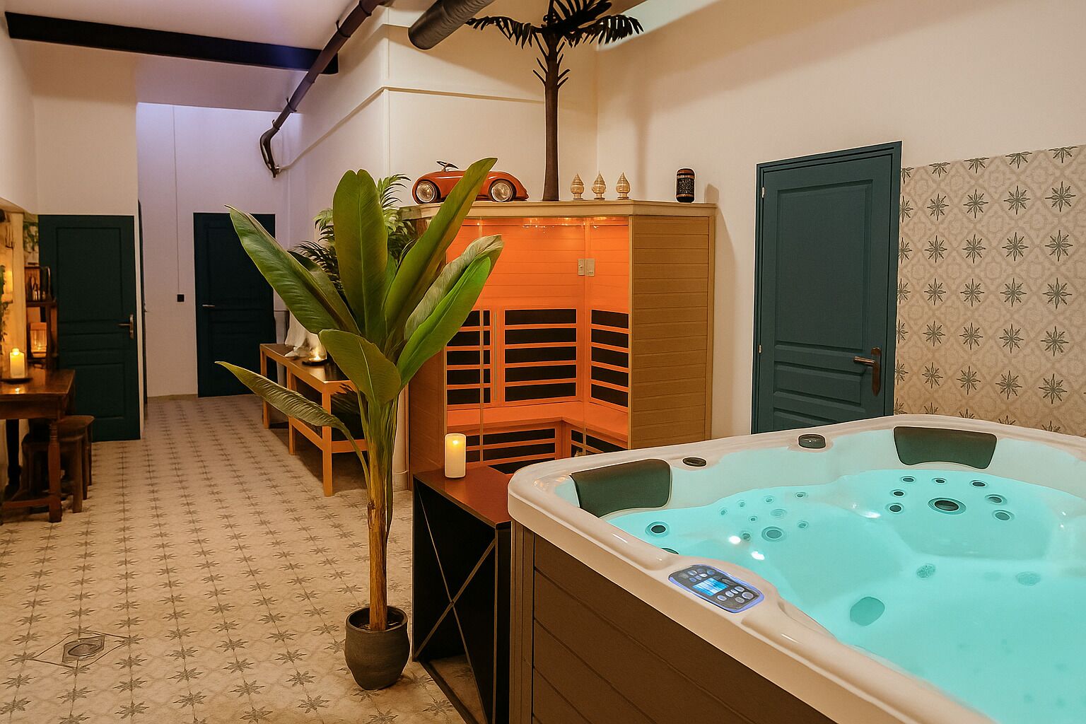 A spa room with a hot tub, wooden cabinets, a plant, and a patterned wall.
