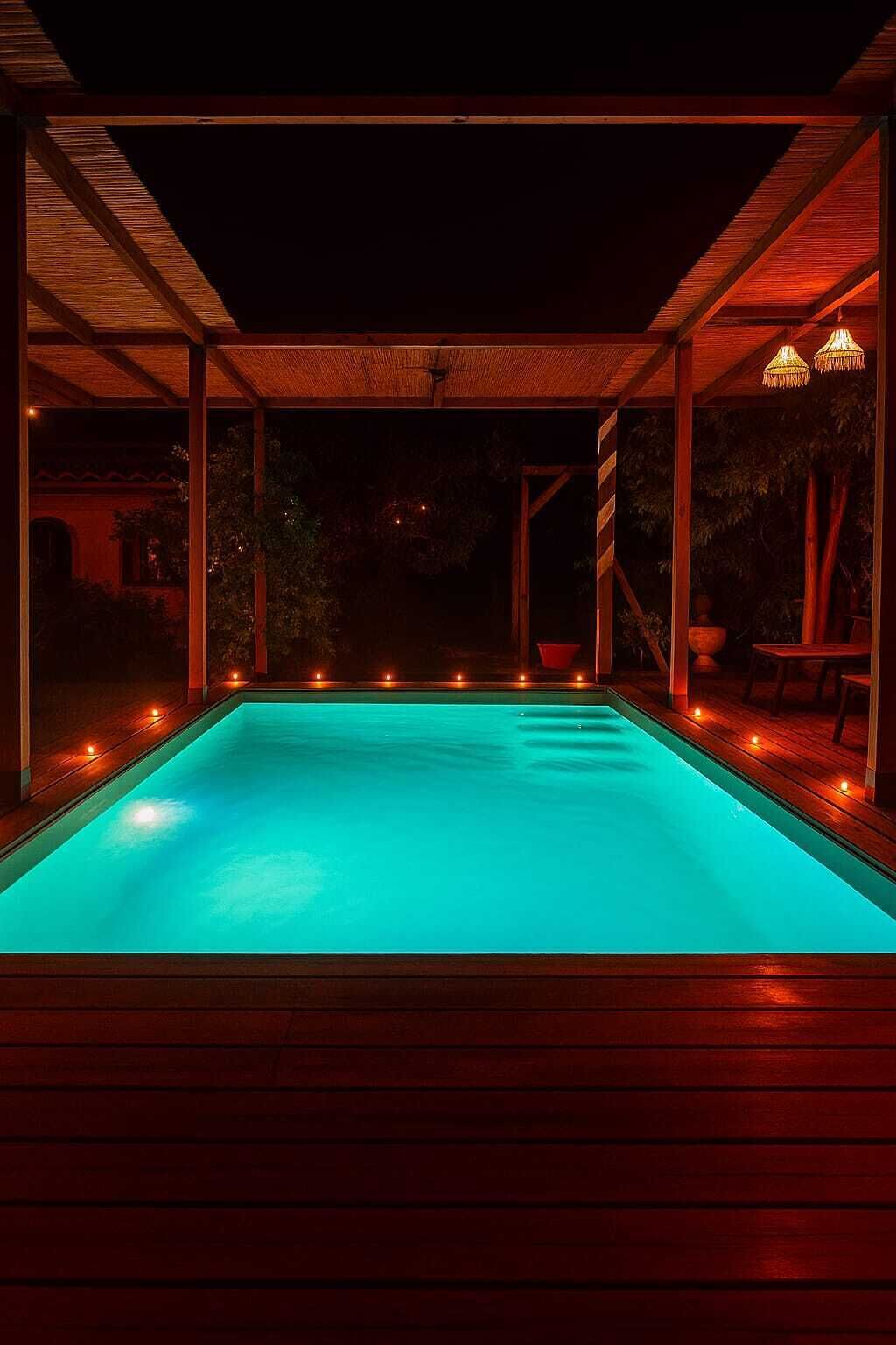 Une piscine dotée d’une terrasse en bois et d’un espace couvert avec des chaises et une table, le tout entouré d’arbres.